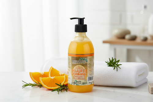 Aromatherapy Shampoo Orange & Rosemary in fresh spa setting