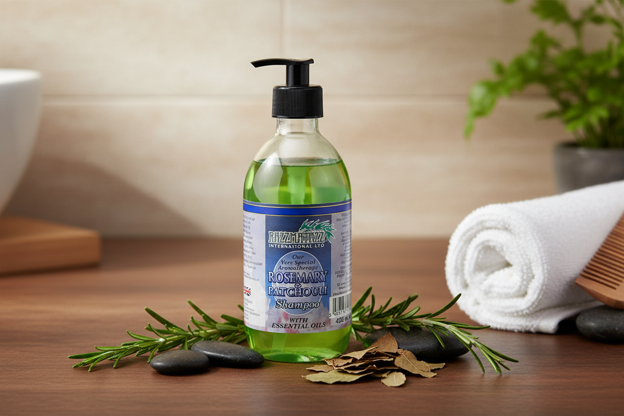 Aromatherapy Shampoo Rosemary & Patchouli in earthy spa setting