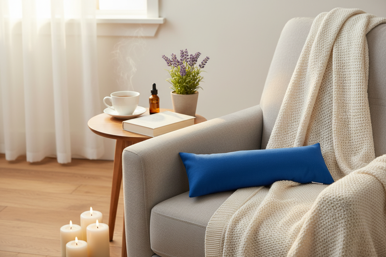 Balancing Soothersack Blue luxury wheat sack in spa wellness setting