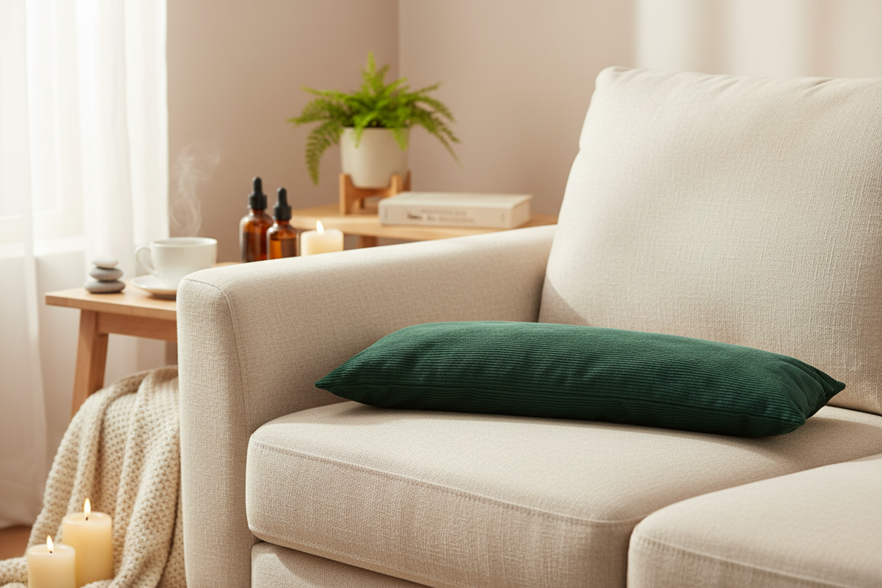 Calming Soothersack Green luxury wheat sack in tranquil wellness setting