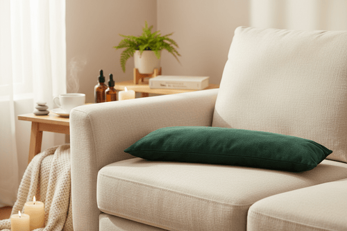 Calming Soothersack Green luxury wheat sack in tranquil wellness setting