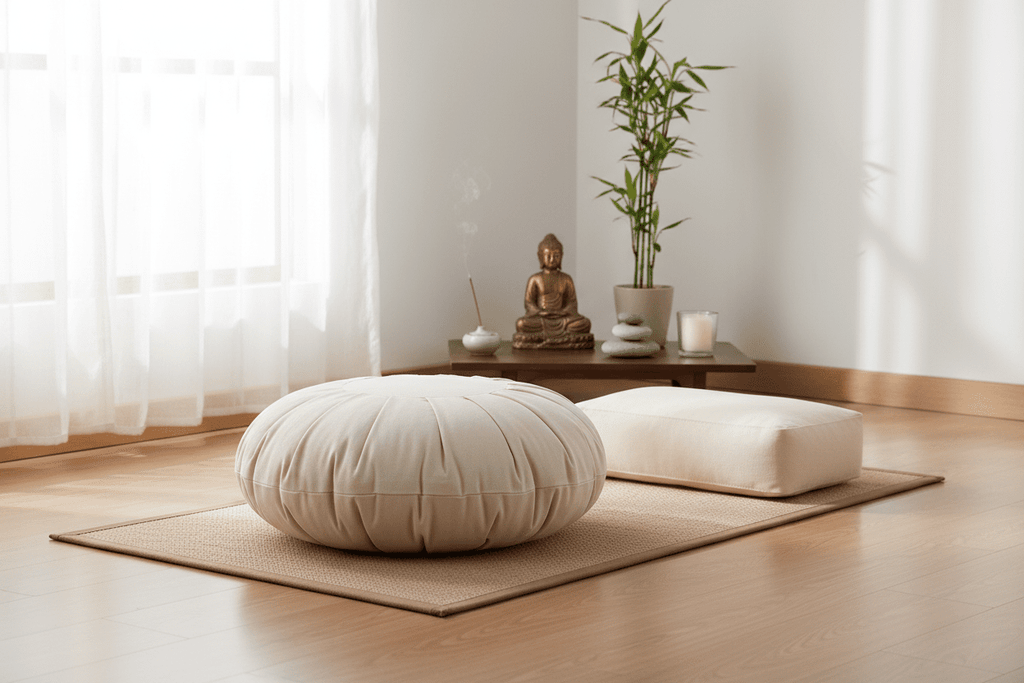 Cream Round Zafu Meditation Cushion in serene meditation space