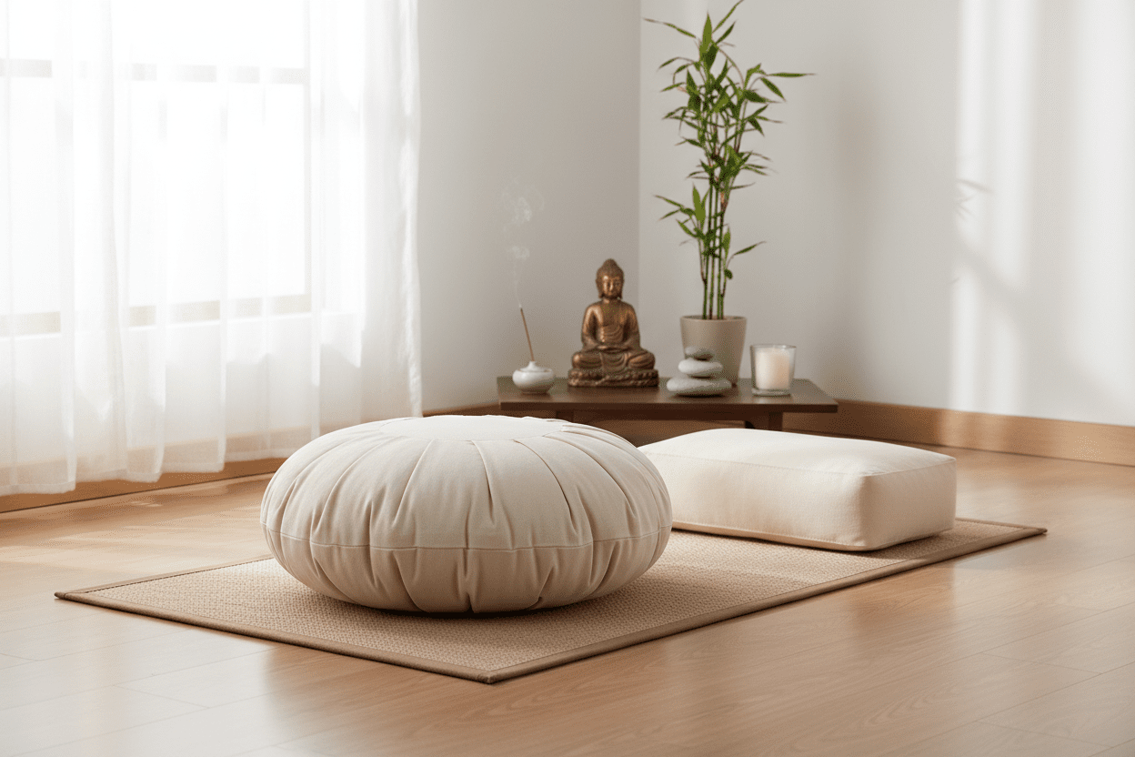 Cream Round Zafu Meditation Cushion in serene meditation space