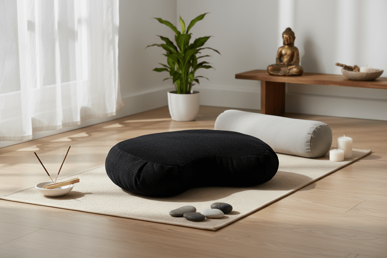 Kidney-Shaped Zafu Meditation Cushion in serene meditation space