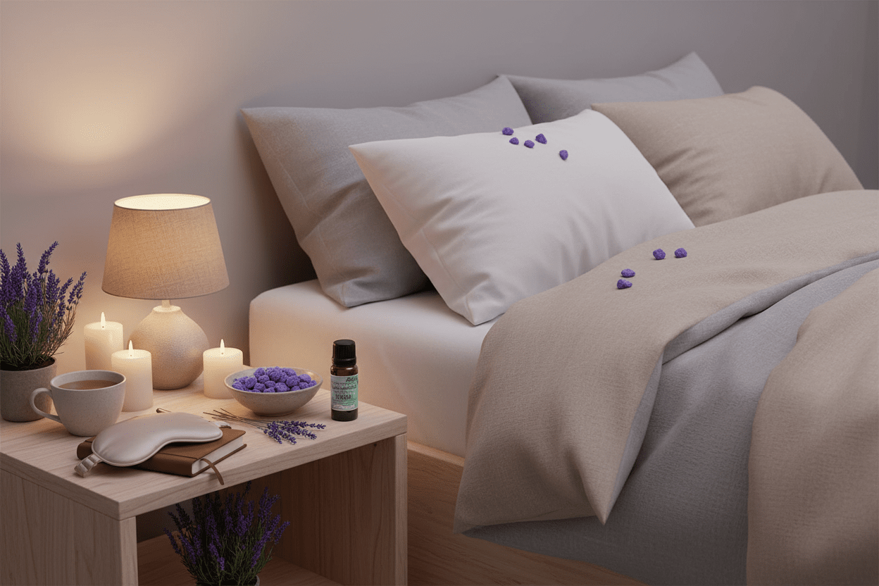 Lavender & Tea Tree Sleep Stones in calming bedroom setting