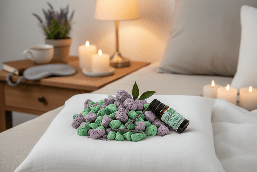 Lavender & Tea Tree Sleep Stones in calming bedroom setting