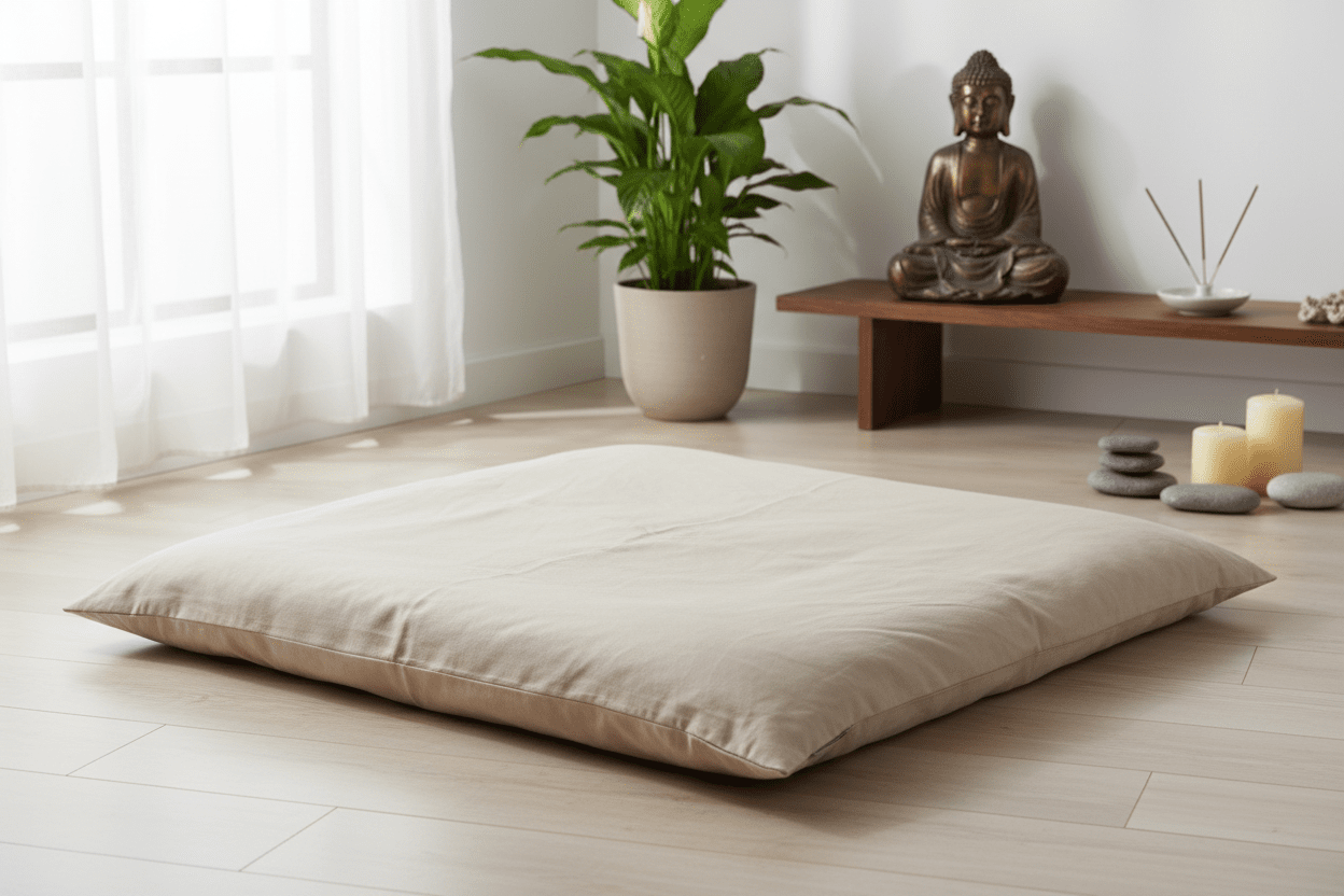 Natural Beige Organic Buckwheat Zabuton Meditation Mat in serene meditation space