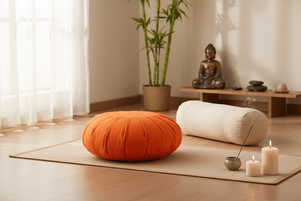 Orange Round Zafu Meditation Cushion in serene meditation space