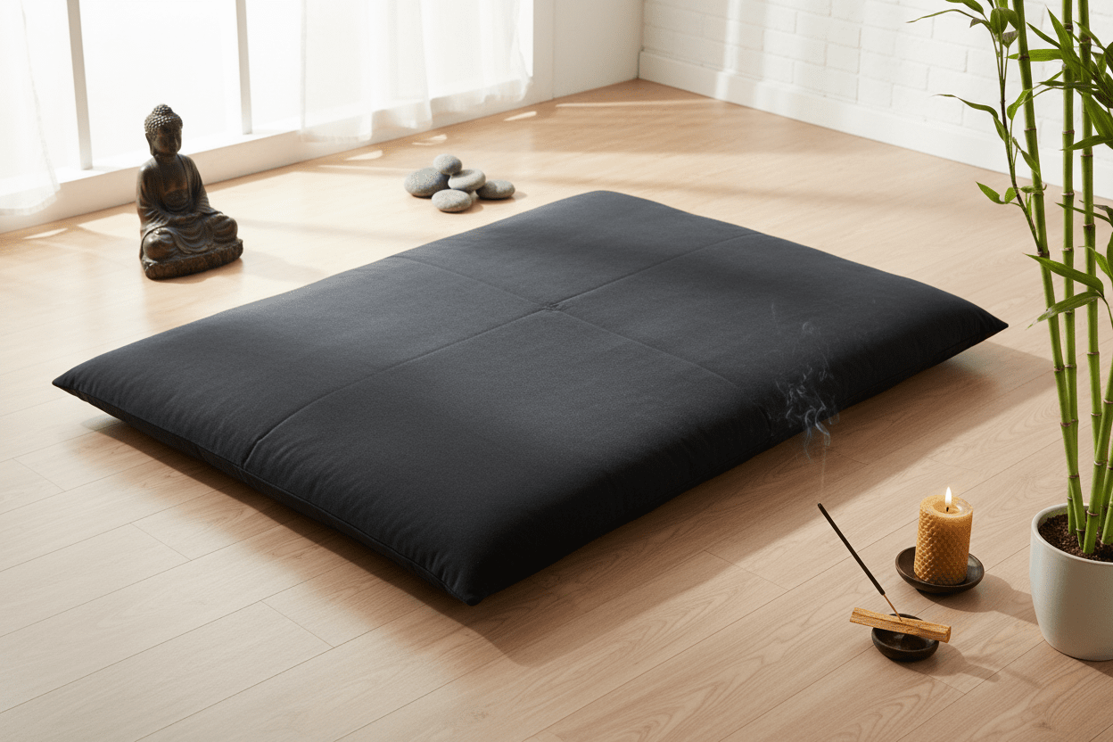 Organic Buckwheat Zabuton Meditation Mat in serene meditation space