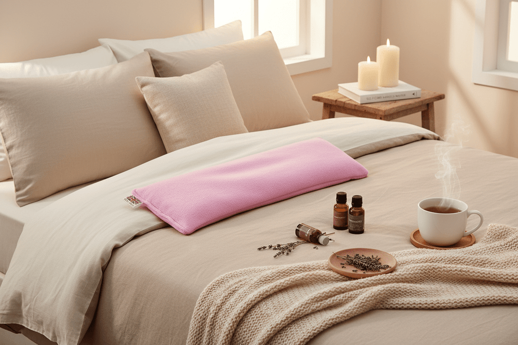 Pink Wheat Bag with Essential Oil in spa wellness setting