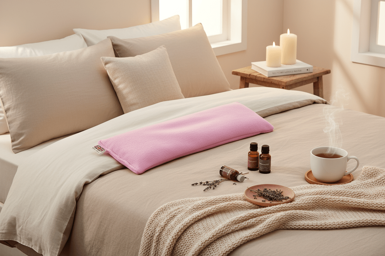 Pink Wheat Bag with Essential Oil in spa wellness setting