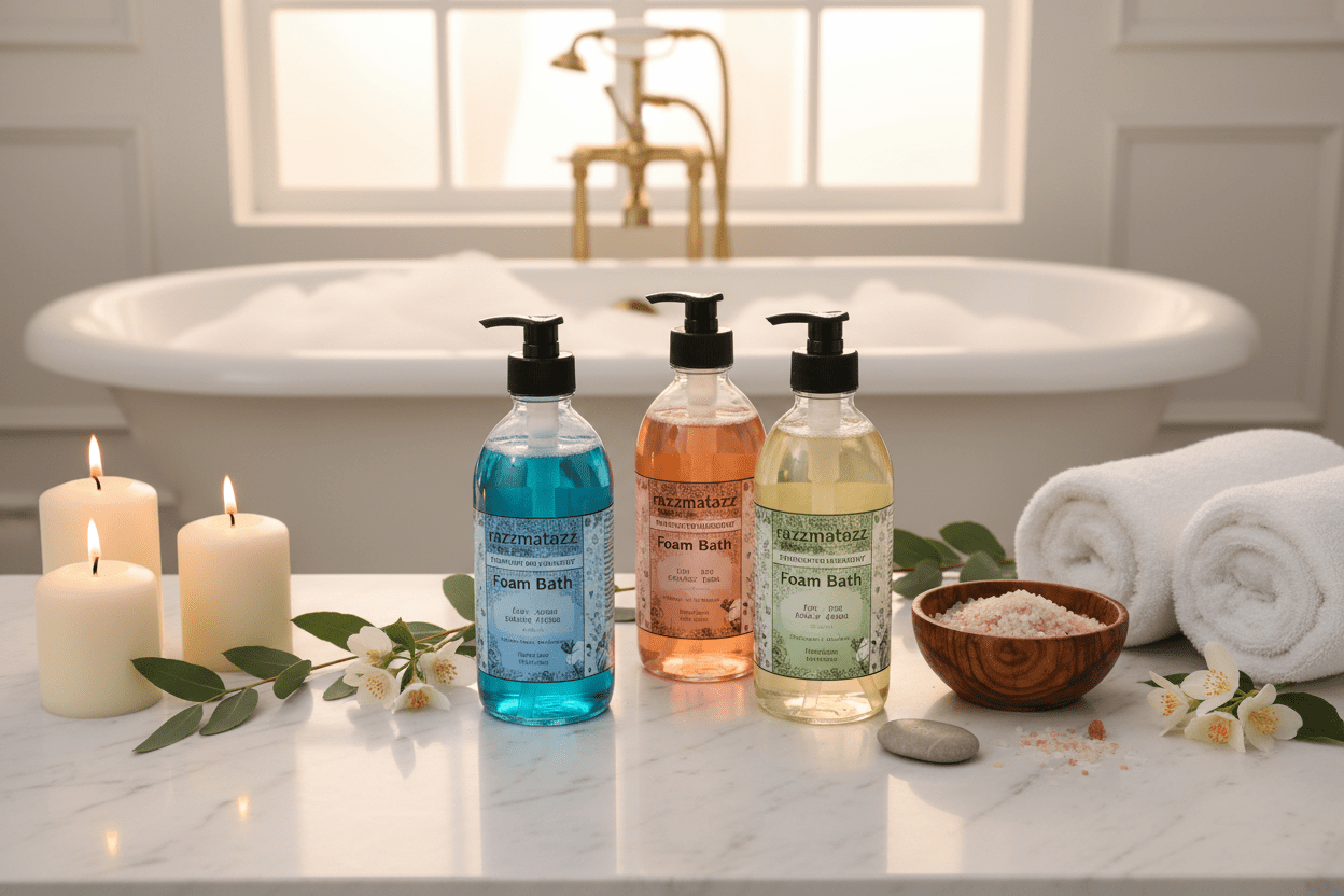 Razzmatazz Aromatherapy Foam Bath Collection in luxurious spa setting