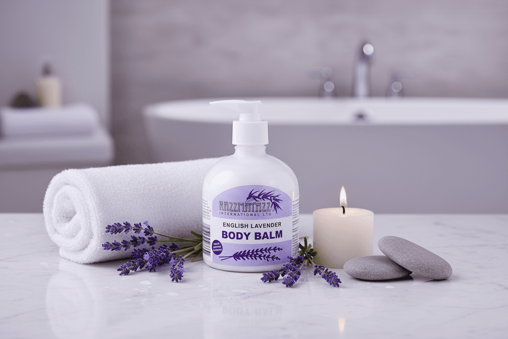 Razzmatazz English Lavender Body Balm in luxurious spa setting