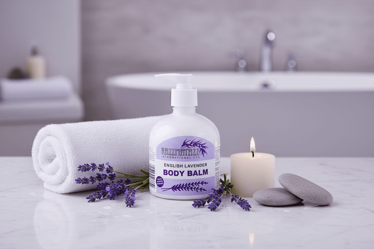 Razzmatazz English Lavender Body Balm in luxurious spa setting