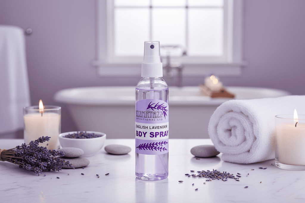 Razzmatazz English Lavender Body Spray in luxurious spa setting