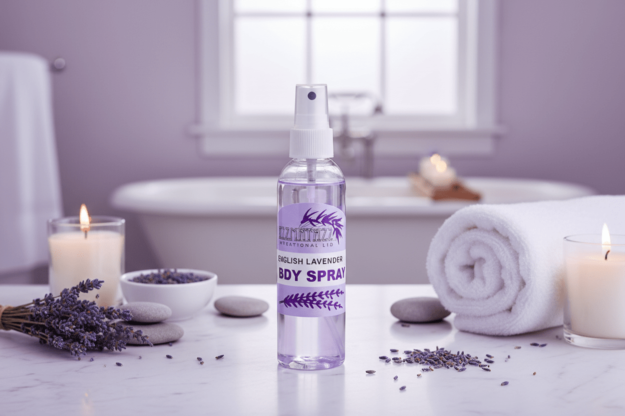 Razzmatazz English Lavender Body Spray in luxurious spa setting