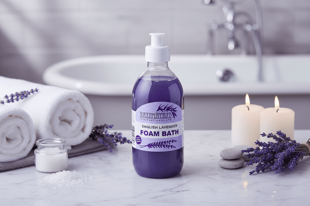 Razzmatazz English Lavender Foam Bath in luxurious spa setting