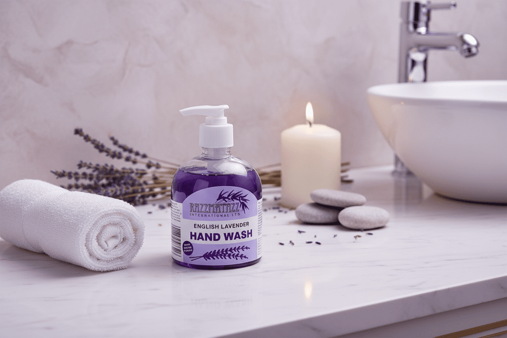Razzmatazz English Lavender Hand Wash in luxurious spa setting