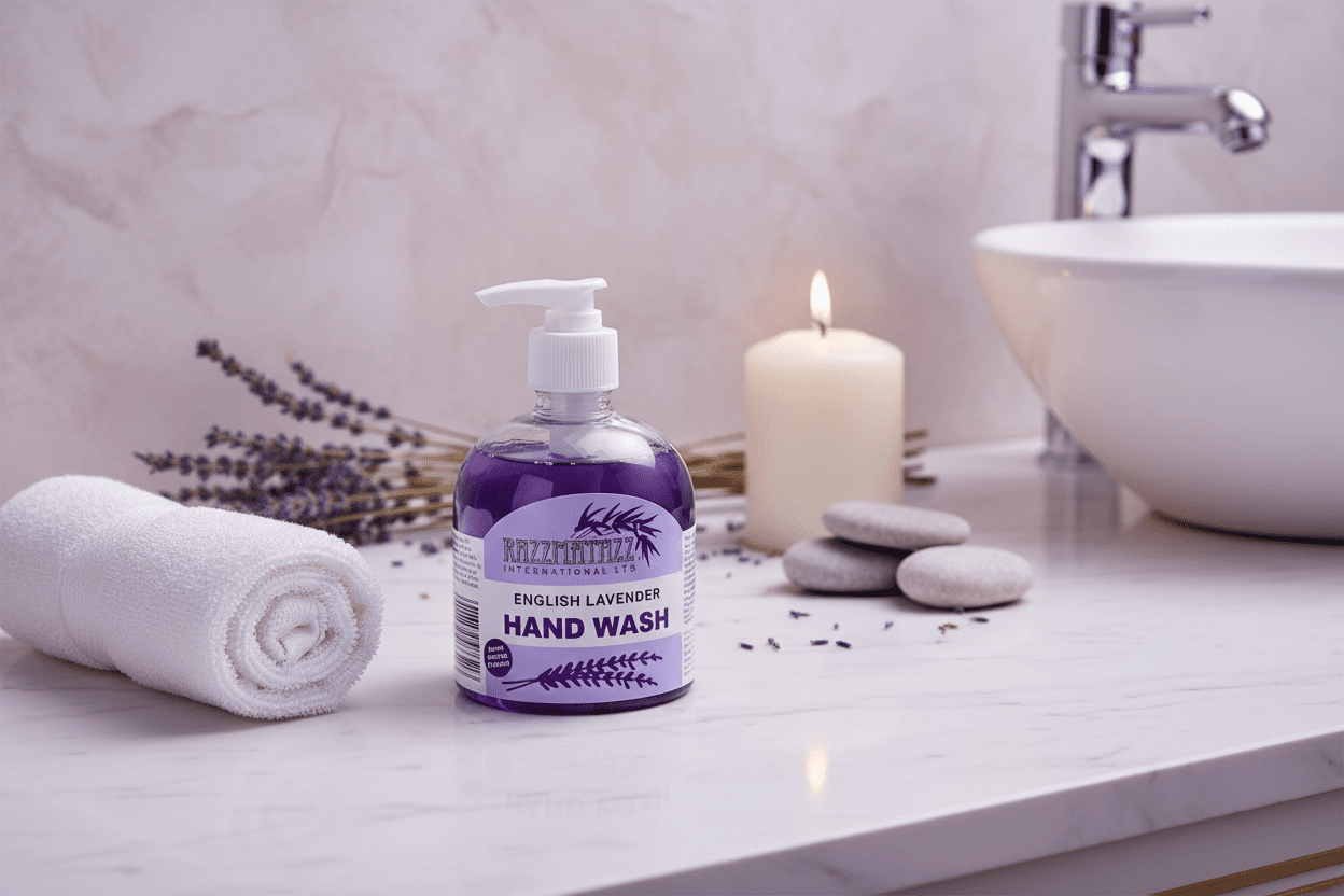 Razzmatazz English Lavender Hand Wash in luxurious spa setting