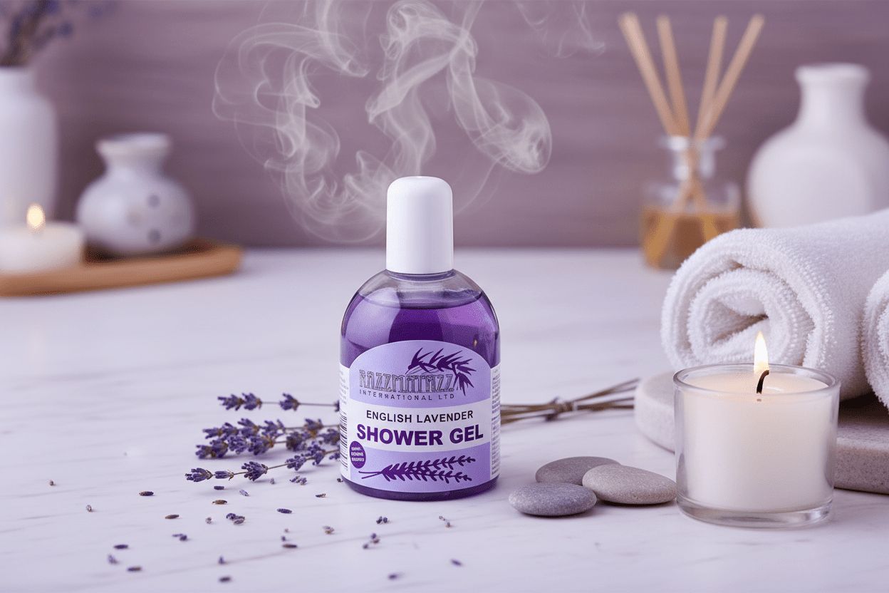 Razzmatazz English Lavender Shower Gel in luxurious spa setting