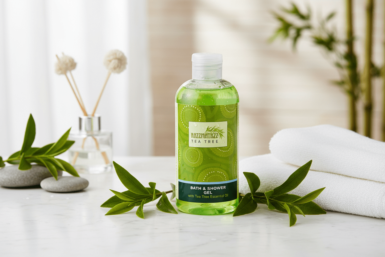 Razzmatazz Tea Tree Bath & Shower Gel in fresh spa setting