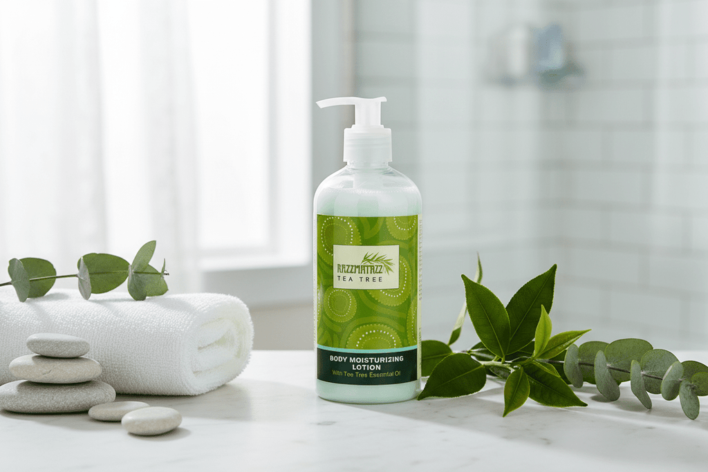 Razzmatazz Tea Tree Body Moisturizing Lotion in fresh spa setting