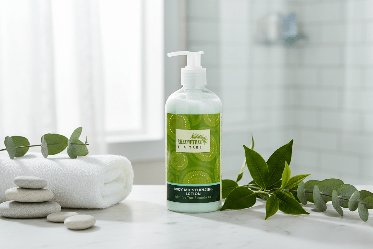 Razzmatazz Tea Tree Body Moisturizing Lotion in fresh spa setting