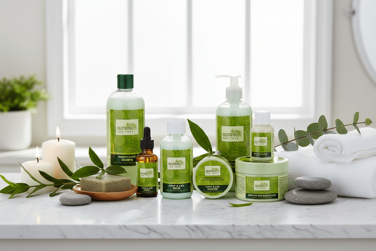 Razzmatazz Tea Tree Collection in fresh spa setting