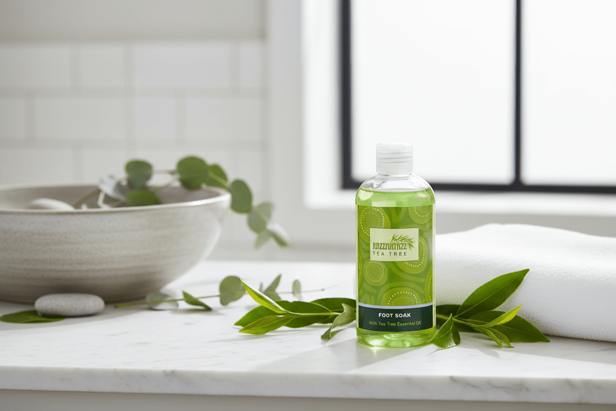 Razzmatazz Tea Tree Foot Soak in fresh spa setting