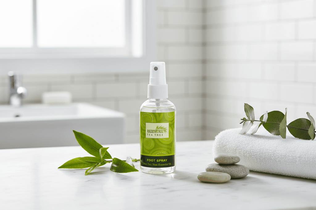 Razzmatazz Tea Tree Foot Spray in fresh spa setting