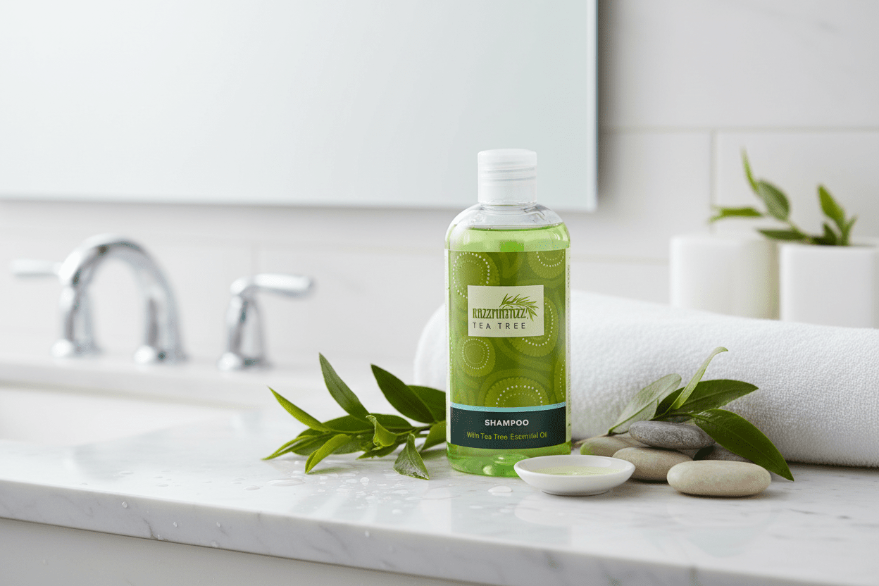 Razzmatazz Tea Tree Shampoo in fresh spa setting
