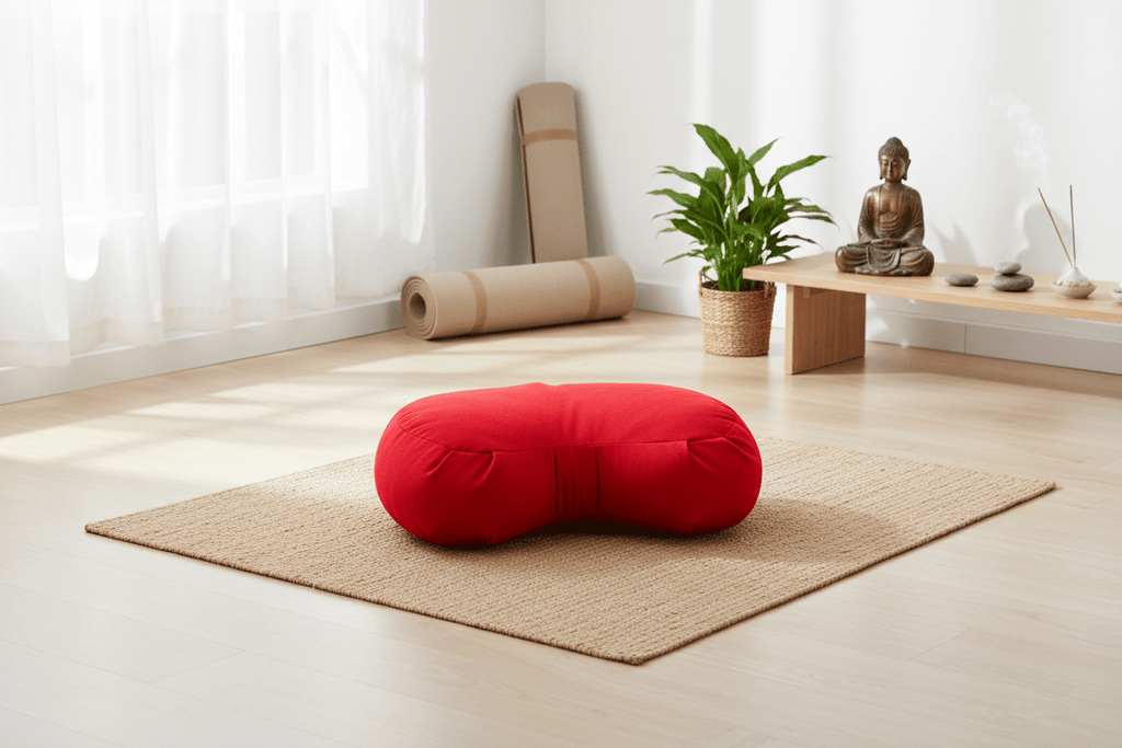 Red Kidney-Shaped Zafu Meditation Cushion in serene meditation space