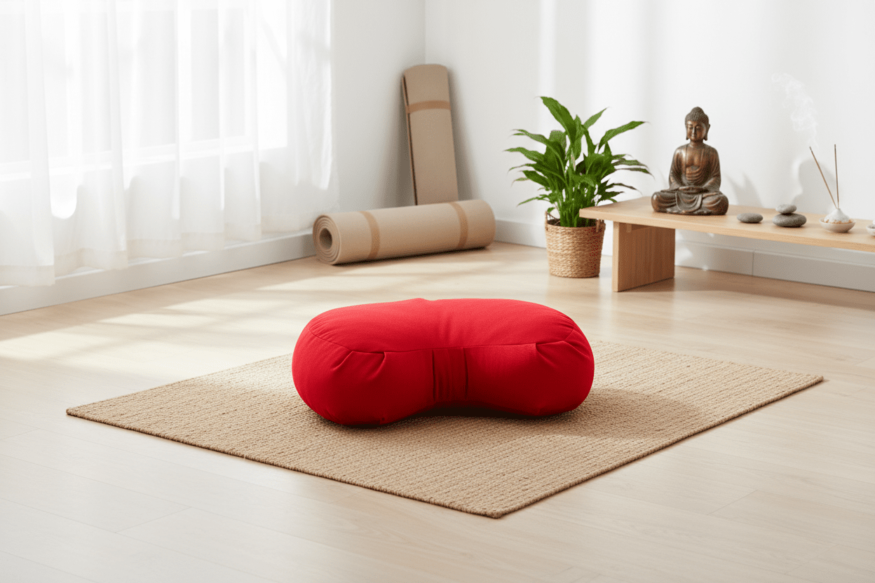 Red Kidney-Shaped Zafu Meditation Cushion in serene meditation space
