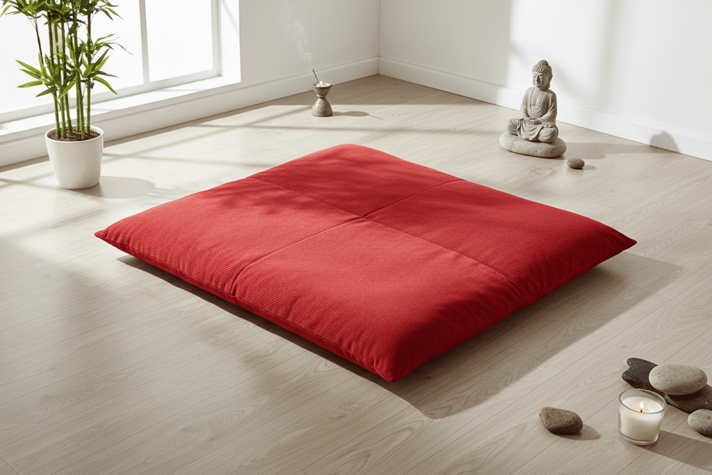 Red Organic Buckwheat Zabuton Meditation Mat in serene meditation space